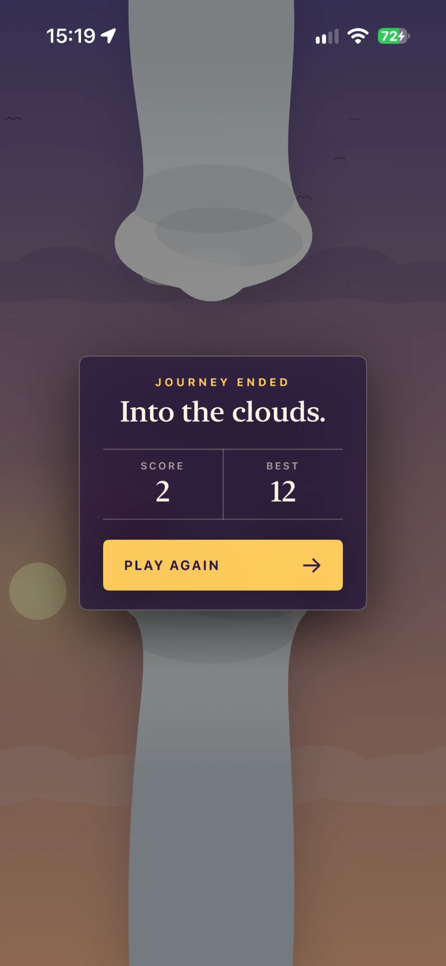 Skybound Drift journey ended screen with score